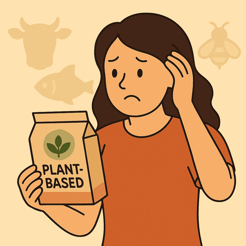 Confused woman checking food packaging to see if it's vegan