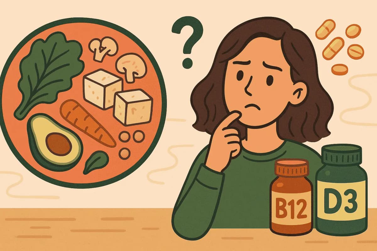 A variety of vegan supplements including B12, D3, and omega-3s on a kitchen counter