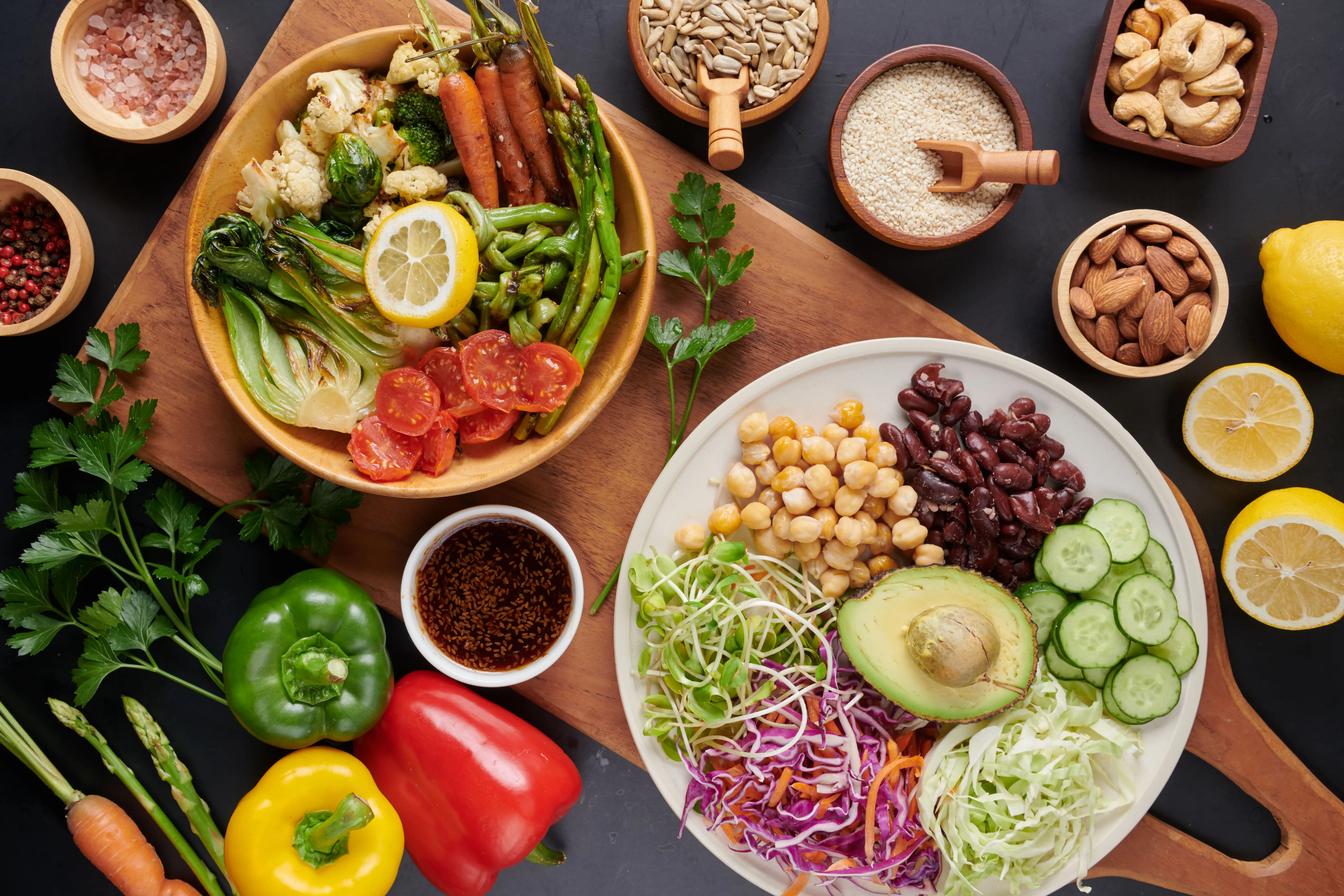A colorful assortment of fresh vegetables and healthy foods on a table