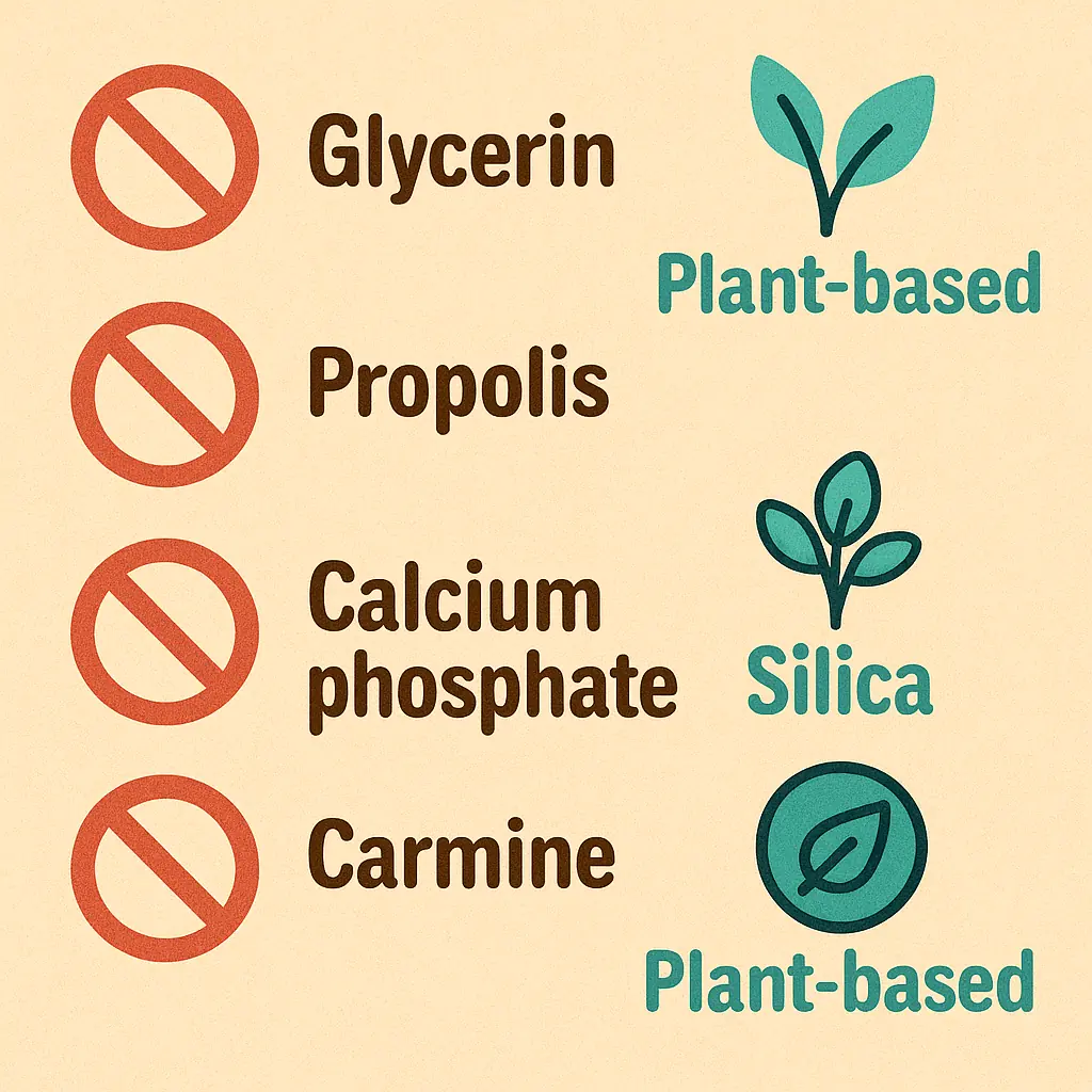 Lijst van veelvoorkomende tandpasta-ingrediënten die van dieren afkomstig zijn, met vegan alternatieven.