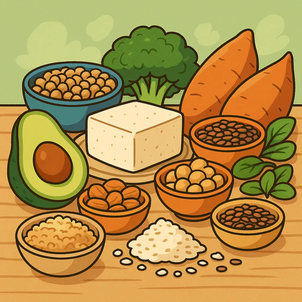 Разнообразие веганских продуктов, богатых белком и углеводами для питания спортсменов