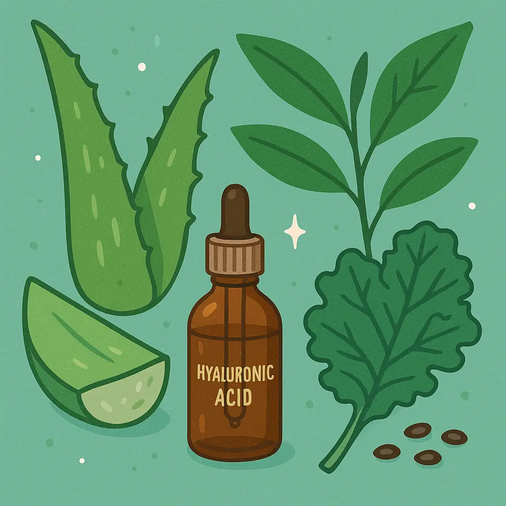 Selection of vegan skincare ingredients including aloe vera and green tea extract