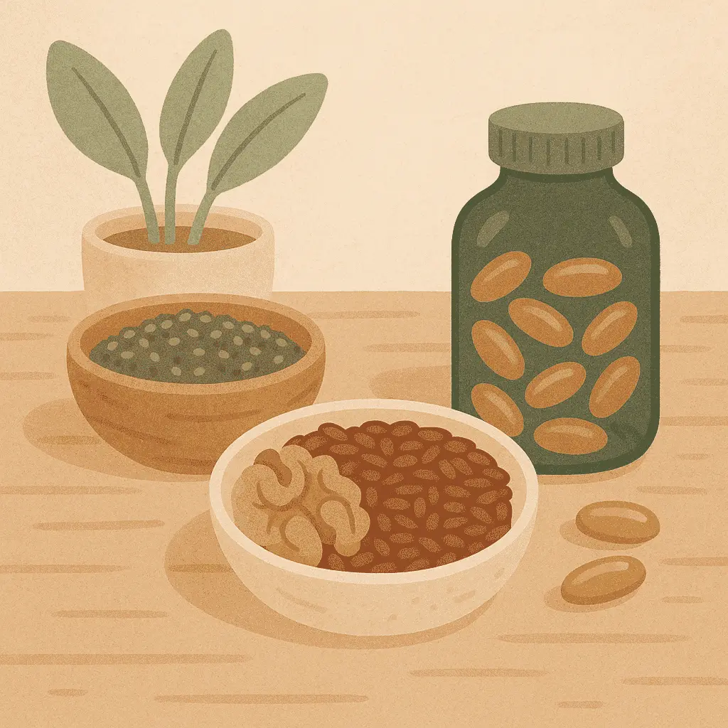 लकड़ी की मेज पर अल्गल तेल से प्राप्त शाकाहारी ओमेगा-3 सप्लीमेंट